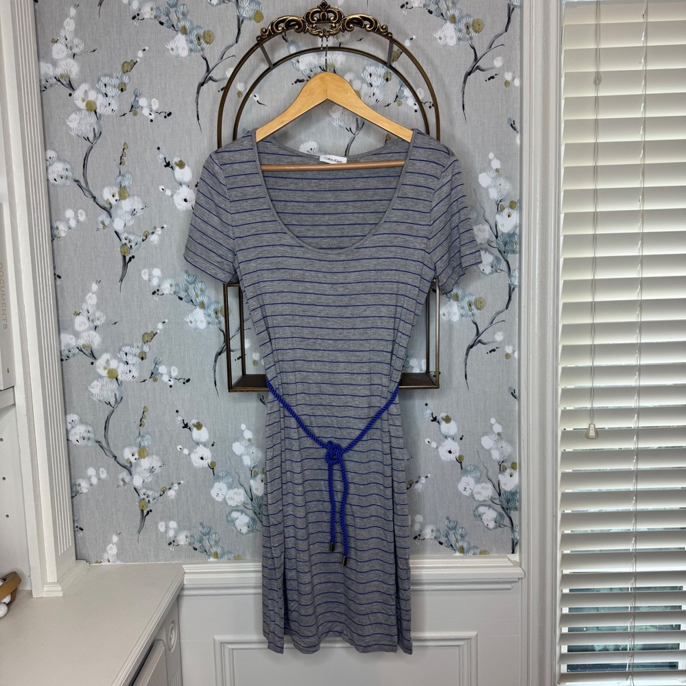 Calvin Klein Womens Grey Blue Striped T-Shirt Dress Size 6 Rope Belt RN54163